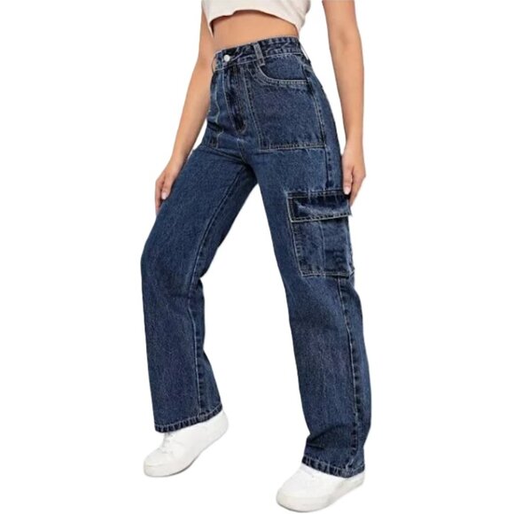 NEW - SHEIN EZwear High Waist Cargo Jeans, Dark Wash – Size XS (US 2) - Picture 1 of 12